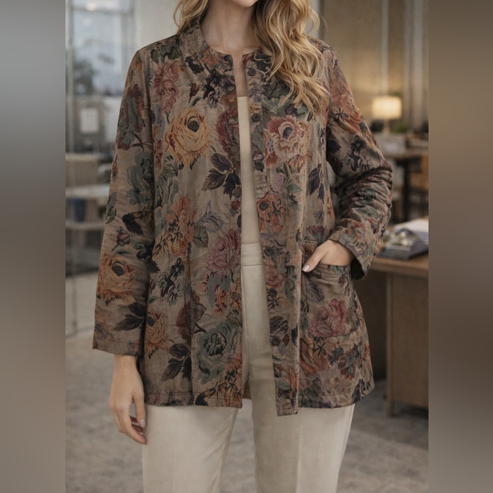 Chico’s Earthy Floral Button Front Jacket | Longline Lightweight Coat (Size 3) - Picture 1 of 5